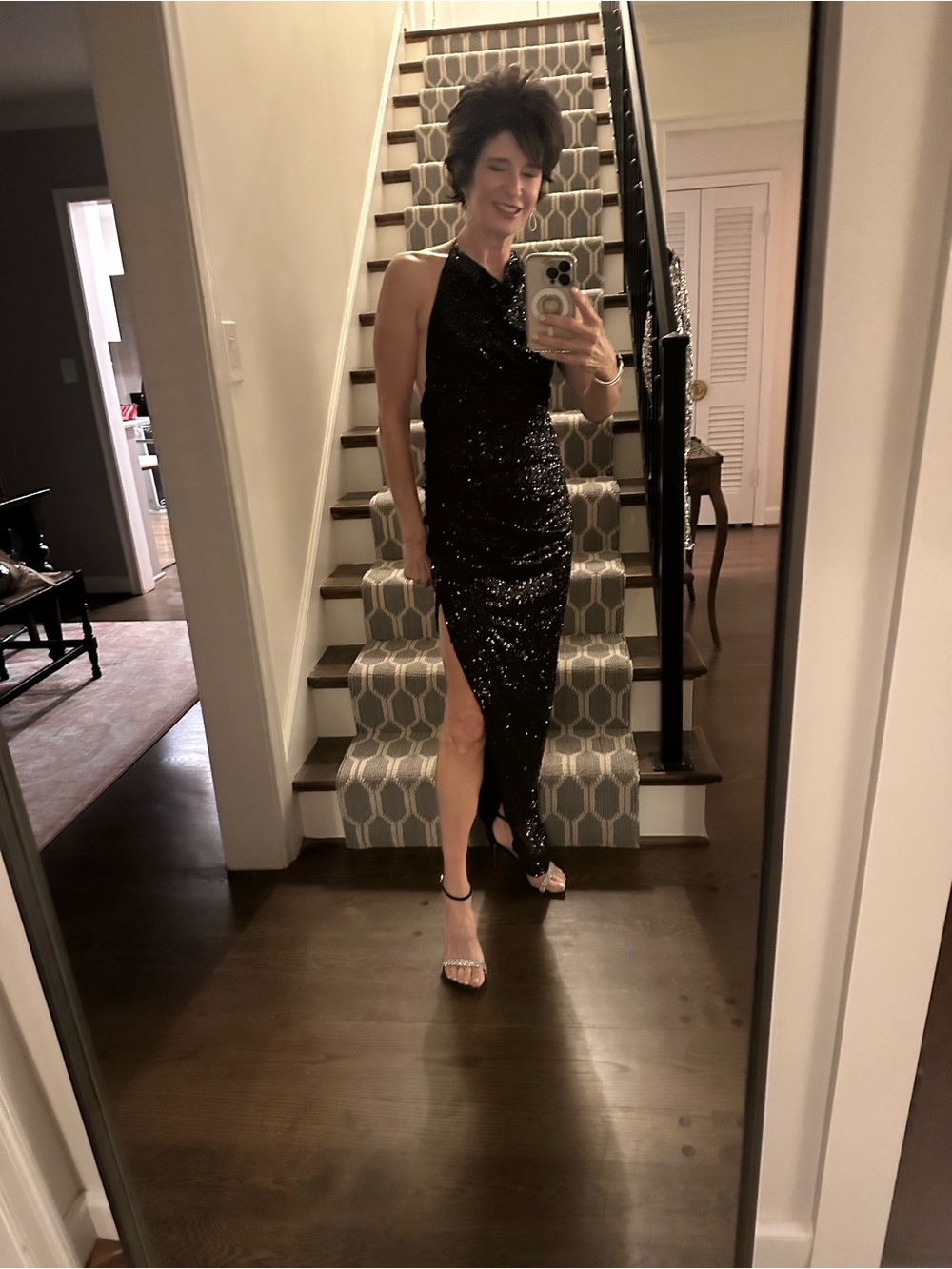 Amanda Uprichard Black Sequin Halter Maxi Dress with Slit